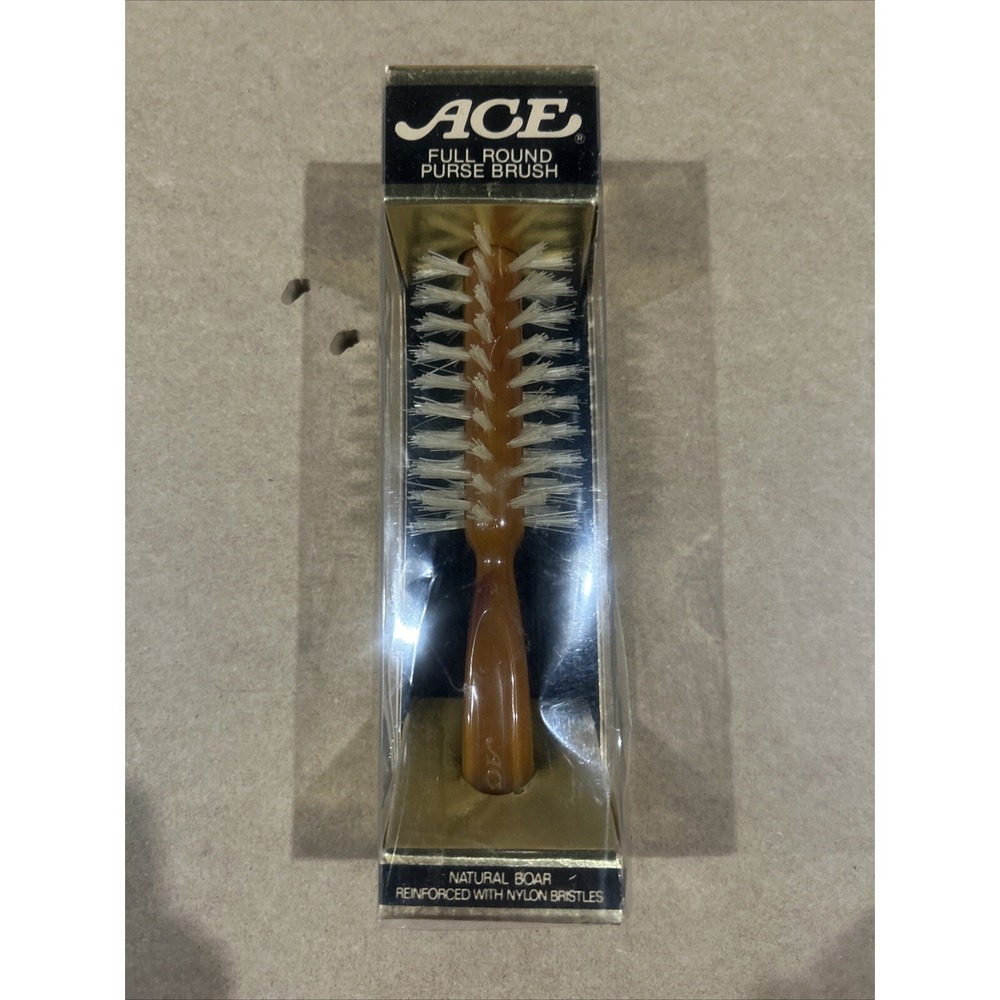 Vintage NIB ACE Full Round Purse Brush, Natural Boar Reinforced W/ Nylon Bristle